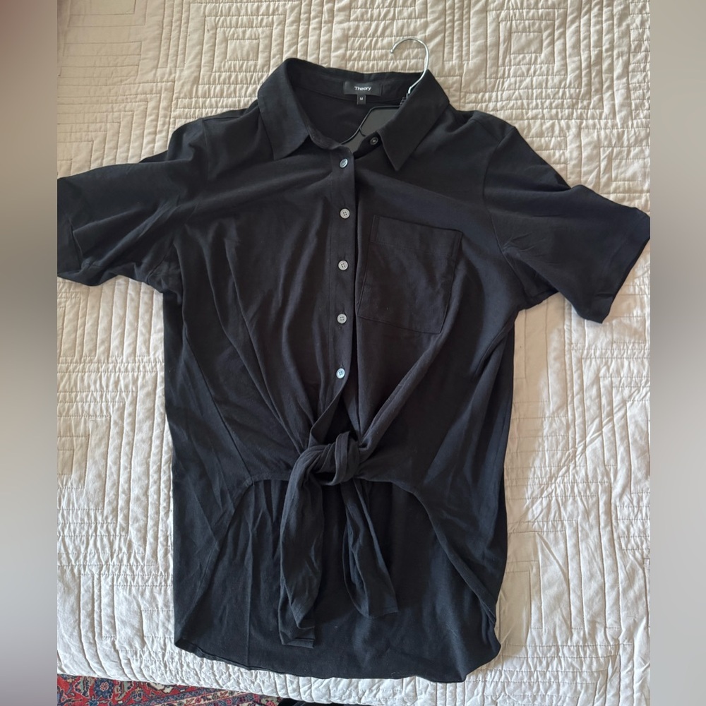 Theory Hekanina Cs Black Button Down Tie-Front Shirt. Sea Slub. Style 00124504 View 5
